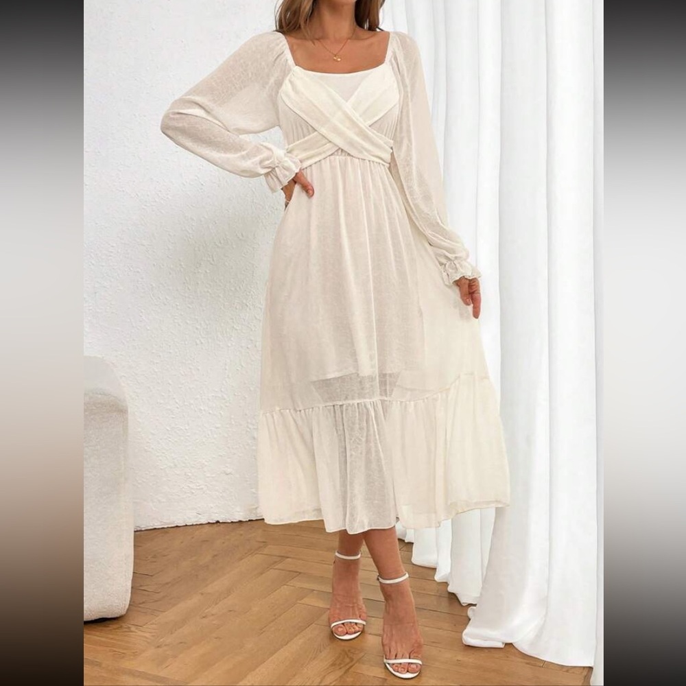 Chiffon Midi Dress Square Neck Sheer Ivory Lined NEW Ruffle Long Sleeve sz Small